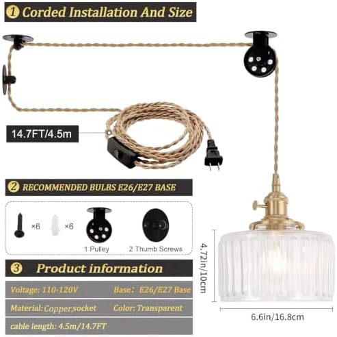 Shenmoyl Plug in Pendant Light Hanging Light Fixture Corded On/Off Switch Brass Pendant Light with Clear Striped Glass Lampshade for Bedroom Living Room Kitchen Island - Image 5