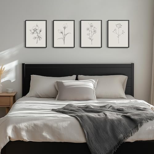 Framed Black and White Floral Wall Art, 4 Piece Vintage Gray Botanical Canvas Prints Painting Artwork, Minimalist Neutral Flower Pictures for Farmhouse Bedroom Living Room Bathroom Home Decor, 11x14 - Image 2