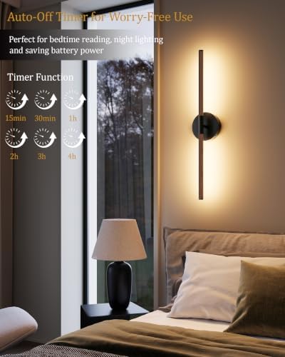 40" Battery Operated Wall Sconce Set of 2, 350° Rotating Lamp, Walnut Black - Image 5