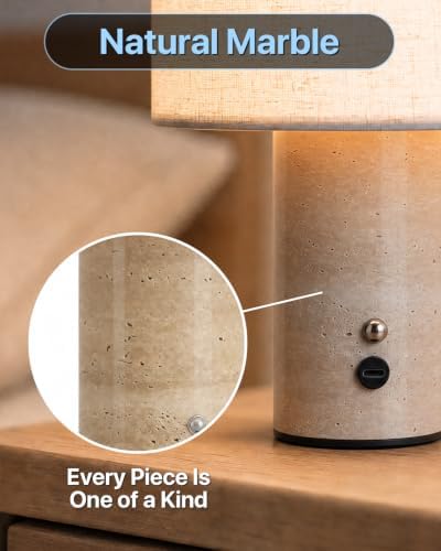 Rechargeable Marble Table Lamp 3CCT Touch Control Linen Shade - Image 6