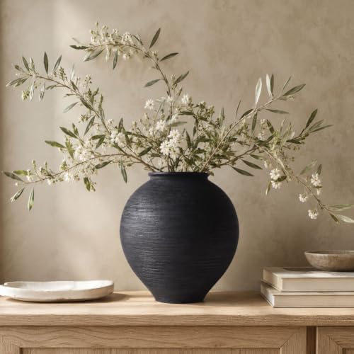 Large Blak Ceramic Vase - 11.8 Inch Large Black Round Vase, Rustic Farmhouse Vase for Home Decor, Dining Table, Shelf, Bedroom, Living Room, Kitchen, Office, Bathroom, Mantle, Centerpiece Décor - Image 6