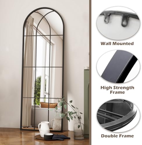 Dewfig Arched Full Length Mirror, 65"x 22" Windowpane Floor Mirror, Black - Image 2