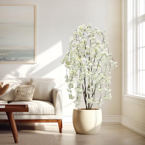 Artificial White Cherry Blossom Tree, 5Ft Tall Indoor Faux Plant with Cascading Branches, Potted Decorative Tree for Home, Office, Living Room, Patio - Image 5