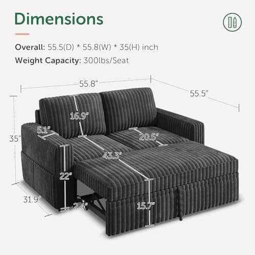 HONBAY Modular Pull Out Sofa Bed,Corduroy Loveseat, Couches for Living Room,Dark Grey - Image 2