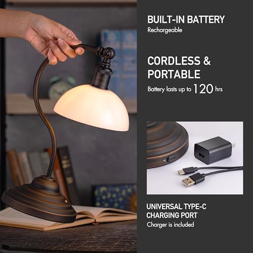O'Bright Bankers - Cordless LED Table Lamp, Battery-Operated, Rechargeable, 3-Level Dimming, Universal USB-C Charging, 180° Swivel Head, White Jade Glass Shade, Oil Rubbed Bronze - Image 3