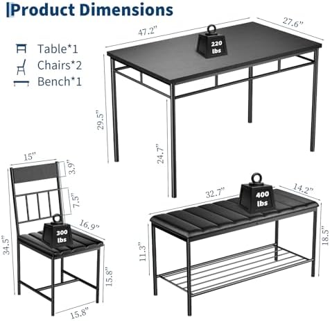 GarveeHome Dining Table Set, Dining Table for 4 with Bench, Kitchen Table - Image 2