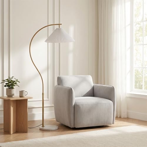 63 Inch Arc Floor Lamp with White Pleated Fabric Shade, Dimmable Standing Lamp with Marble Base, Rotatable Pivot Shade, Foot Switch,for Living Room Bedroom Office Sofa Corner. - Image 3