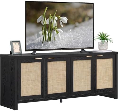 SICOTAS TV Stand for Living Room Boho Entertainment Center for Bedroom with 4 Rattan Cabinets Farmhouse Television Stands with Storage Large Media Console Table for TVs up to 65 Inch by SICOTAS