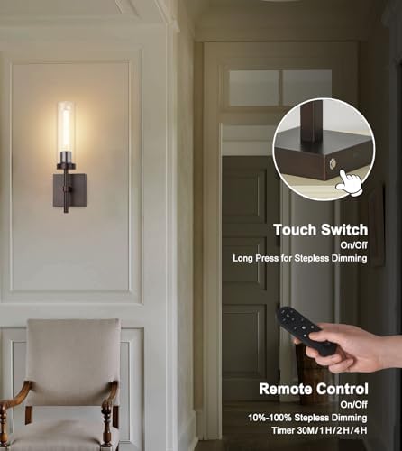 SANTOSTOCK Oil Rubbed Bronze Battery Operated Wall Sconces with Remote Control, Wireless Wall Sconce Set of 2, Rechargeable Cordless Wall Lights for Living Room Bathroom Hallway Entryway Stairwell - Image 3