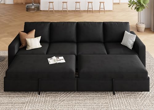 HONBAY Modular Sectional Sleeper Sofa Bed, with Pull Out Bed, Linen Convertible Sectional Couches for Living Room - Black - Image 5
