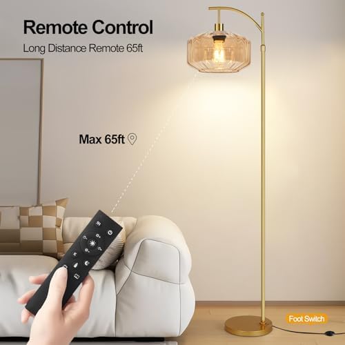 Vintage Floor Lamps for Living Room Glass Floor Lamp with Remote Control,Dimmable Floor Lamp Gold Mid Century Modern Standing Lamp 3 Color Temperature Brass Tall Floor Lamps for Bedroom Corner - Image 5