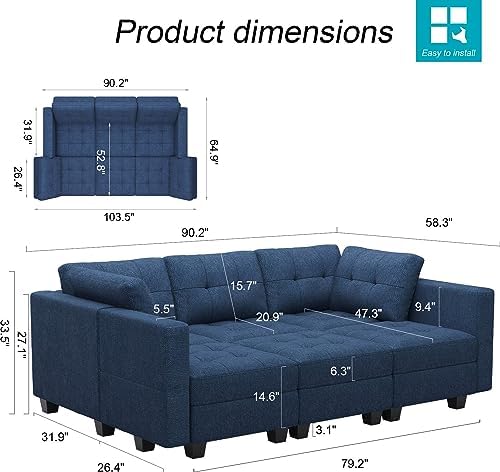 Belffin Modular Sectional Sofa with Storage Sectional Sleeper Couch Modular Sofa Bed for Living Room Blue - Image 2