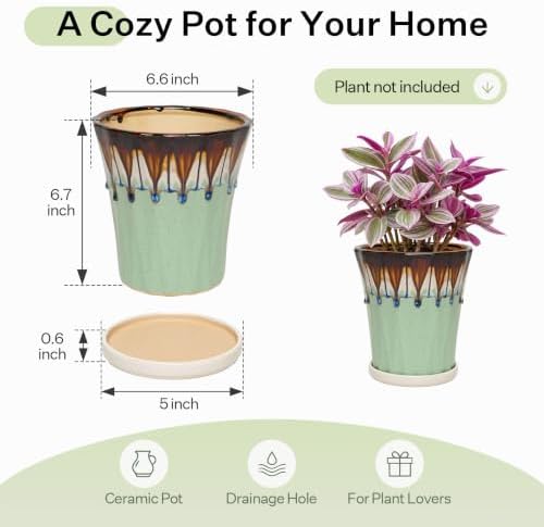 6.6 Inch Ceramic Planters with Drainage Hole and Saucer,Indoor Outdoor Large Flower Pots, Garden Pot for Plant Lovers (Drip Green) - Image 6