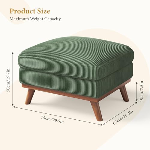 Vesgantti Large Ottoman for Modular Sofa, 29.5" Corduroy Pouf Ottoman with Spring Cushion, Rectangle Foot Rest for Couch, Entrance Footstool with Wood Legs, Footstool for Living Room, Bedroom, Green - Image 2