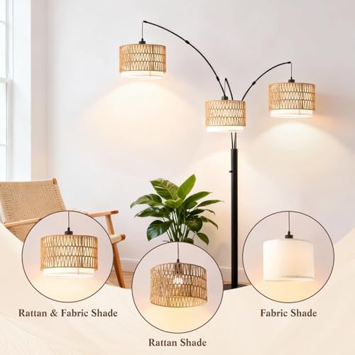 Black Arc Floor Lamp for Living Room, Boho Floor Lamp with Stepless Dimmable Switch, Rattan Standing Lamp with Wicker&Fabric Shade, Farmhouse Tall Lamp for Bedroom Over Couch Corner Reading - Image 4