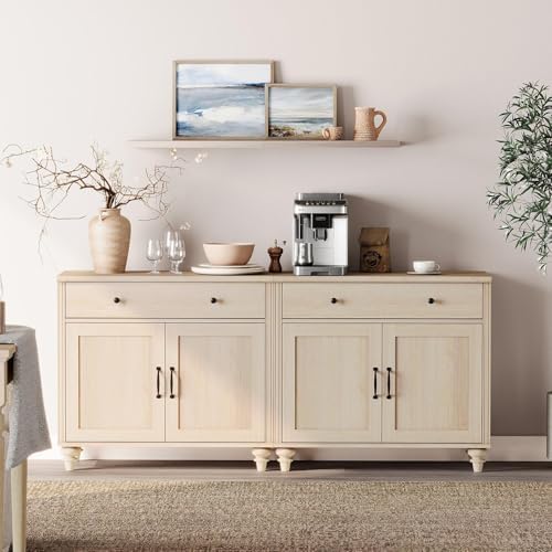 WAMPAT Farmhouse Buffet Cabinet with 4 Doors and 2 Drawers, Beige, 68 inch by WAMPAT
