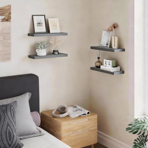 BAYKA Floating Shelves for Wall, Wall Mounted Rustic Wood Shelves for Bathroom, Bedroom, Living Room, Kitchen,Small Hanging Shelf for Books/Storage/Room Decor (Grey, Set of 3, 15.7in) - Image 2