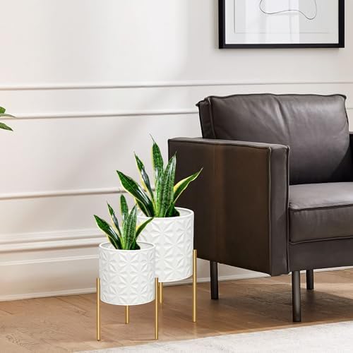 ARNIS Plant Pots with Stand, Set of 2 Indoor Planter Pots, Large Metal Planters with Stand, Mid Century Decorative Flower Pots with Drainage Hole and Gold Plant Stand, 8.25" & 10.5",Matte White - Image 2