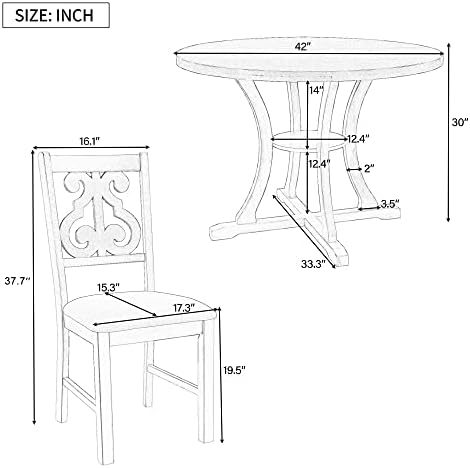 Harper & Bright Designs Retro Style Round Kitchen Dining Table Set for 4, 5 Piece Round Dining Table and 4 Fabric Chairs with Special-Shaped Table Legs and Storage Shelf, Gray - Image 4