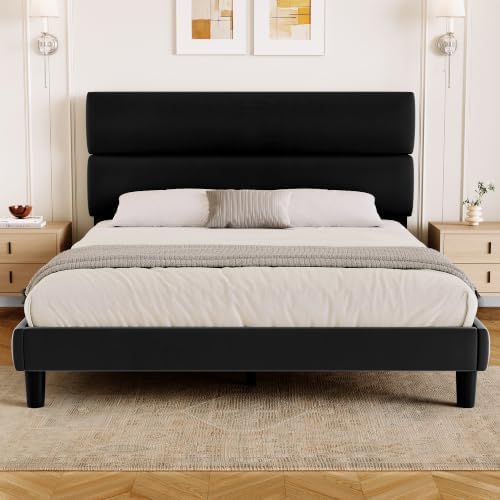 GRUSIGN Queen Size Platform Bed Frame with Velvet Headboard, Adjustable Height Wooden Slats Support, Upholstered Mattress Foundation, Fits Mattress or Mattress with Box Spring, Easy Assembly, Black - Image 5