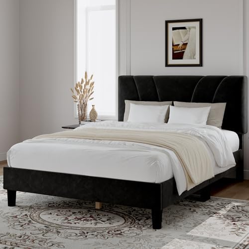 Novilla Queen Bed Frame, Queen Size Bed Frame with Wooden Slats Support, Velvet Upholstered Headboard, No Box Spring Needed, Heavy Duty Feet, Easy Assembly, Black Velvet - Image 3