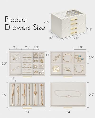 VLANDO 4 Layer Jewelry Box for Women, Glass Lid Jewelry Organizer with 4 Drawers for Necklaces Rings Earrings Bracelets - Cloud White - Image 2