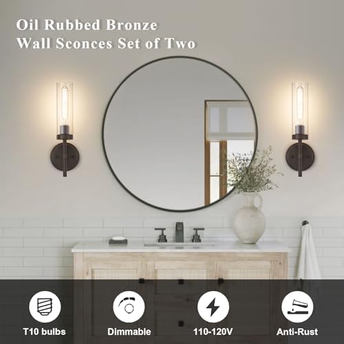 SANTOSTOCK Oil Rubbed Bronze Wall Sconces Set of Two, Bathroom Wall Sconces Vanity Lights with Clear Glass Shade, Modern Farmhouse Wall Mount Lights for Mirror Bedroom Living Room Stairwell Hallway - Image 2