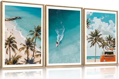 LHIUEM Large Nature Surfboard Beach Framed Canvas Wall Art,Summer Ocean Surfing Wall Decor,Palm Trees Wall Painting,Modern Picture Artwork for Living Room,Bedroom,Dining Room,Office -24"x36"x3 by LHIUEM