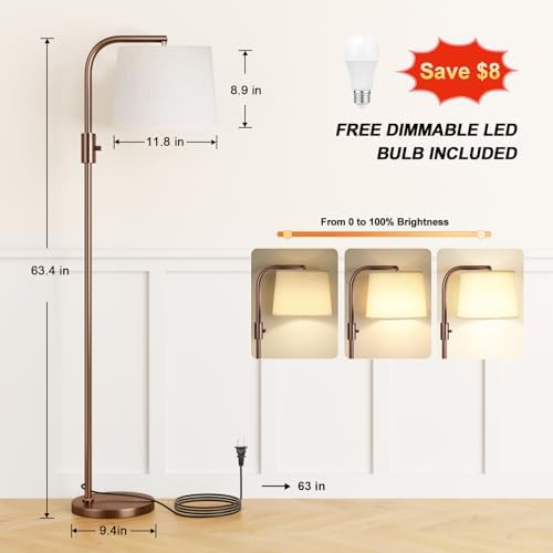 Ambimall Fully Dimmable Floor Lamp with 9W LED Bulb, Standing Lamp for Living Room with Adjustable Head, Modern Tall Light with Rotary Switch for Office, Brown and Beige - Image 2