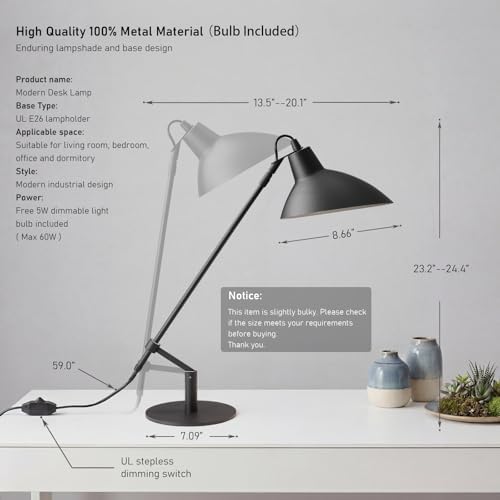 Desk Lamp Modern Industrial 100% Metal Adjustable Table Lamp 24", Natural Light (4000K) with Dimmer, Ideal for Office Bedroom Study Room Living Room Nightstand Bedside Lamps Sand Black - Image 2