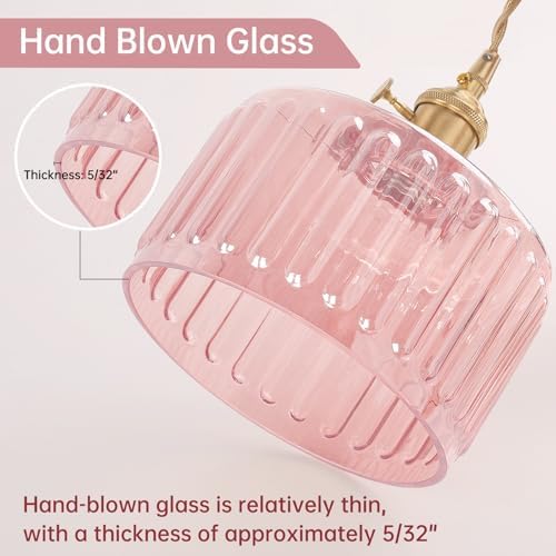 Shenmoyl Plug in Pendant Light Hanging Light Fixtures with Plugin Cord On/Off Switch,Pink Striped Glass Lampshade Brass Pendant Light - Image 6