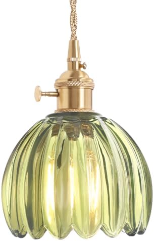 Shenmoyl Pendant Light with Green Tulip Glass Lmapshade, Brass Vintage Pendant Light Adjustable Hanging Light for Kitchen Island Dining Room Hallway by Shenmoyl