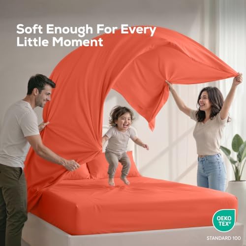 California King Sheets Set, 4 Pieces 16" Deep Pocket Bed Sheets, Coral - Image 5