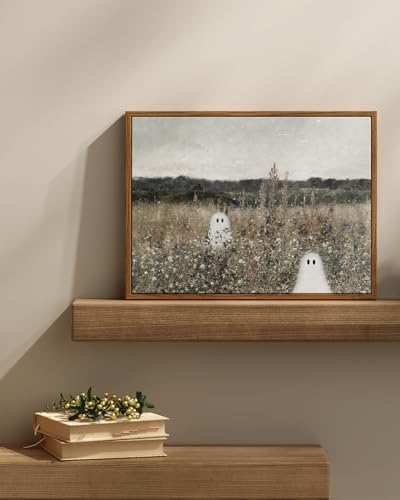InSimSea Framed Canvas Prints Art Ghost Decor, Vintage Halloween Meadow with Flowers Painting, Spooky Gothic Decor, Rustic Landscape Pictures for Living Room, 12x16inch - Image 3