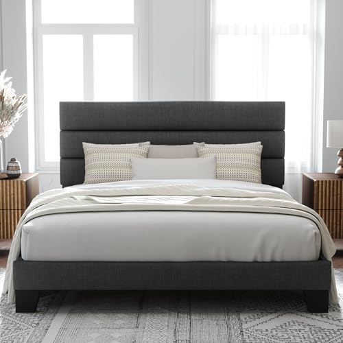 Allewie King Size Platform Bed Frame with Fabric Upholstered Headboard Gray by Allewie