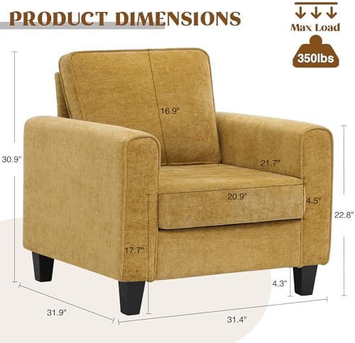 Chenille Upholstered Accent Chair, Modern Living Room Chairs, Comfy Armchair Single Sofa Side Chair for Apartment, Waiting Room, Office, Yellow - Image 2
