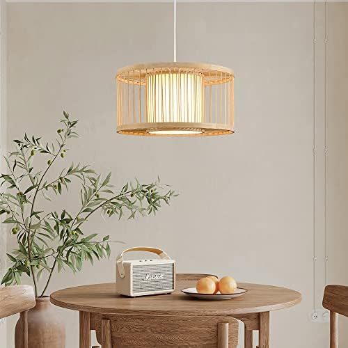 Boho Rattan Pendant Lights, 15.8" Coastal Drum Wicker Hanging Light Japanese Country Light for Dining Room Kitchen Living Room Bedroom, 1-Light E26 Base - Image 2
