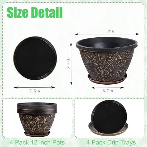 Nooulap 4 Pack 12 Inch Plant Pots with Drainage Holes and Saucers - Image 3