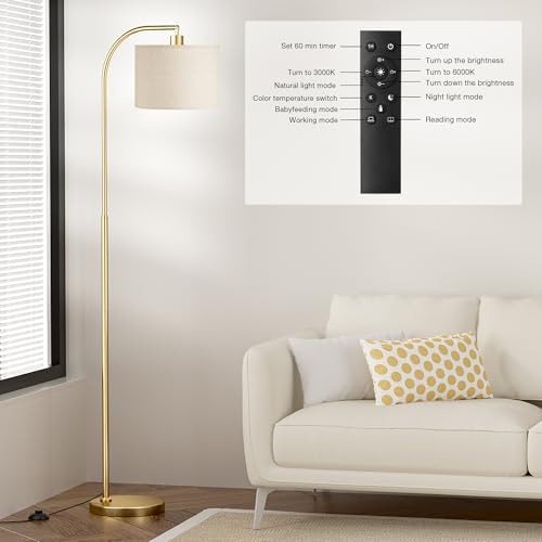 Ambimall Arc Floor Lamp with Remote and Stepless Dimmable Bulb, Colors Temperature & Brightness Adjustable, Gold Floor Lamps for Living Room(Deep Beige Shade & Gold Pole) - Image 6