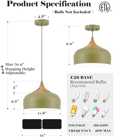 ELYONA Vintage Pendant Light Fixtures with Faux Pine Wood Grain, 12 Inch Adjustable Hanging Light Moss Green Metal Shade, Mid Century Modern Japandi Pendant Lamp for Kitchen Island Dining Room Bedroom - Image 6