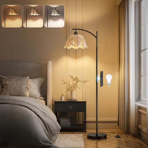 Oneach Arc Floor Lamp for Living Room with 3 Color Temperatures, Rattan Boho Floor Lamp with Hand-Woven Wicker Shade,Farmhouse Floor Lamps with Remote & Dimmable Bulb, Suitable for Bedroom（Black） by Oneach