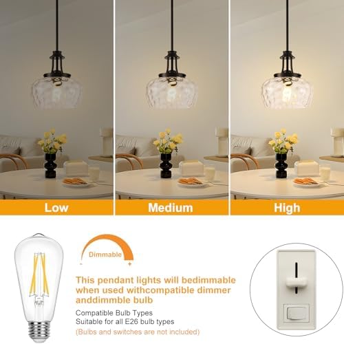 Modern Pendant Lights Kitchen Island, Matte Black Pendant Light Fixtures with 10" Clear Hammered Glass Shade, Industrial Hanging Pendant Lights Fixture for Kitchen Island Dining Room Bedroom Entryway - Image 6