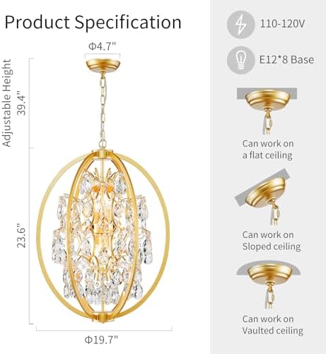 WUZUPS Globe Crystal Chandelier Raindrop Pendant Flushmount Ceiling Light Modern Lighting Fixture for Bedroom Hallway Bar Kitchen Bathroom, H 23.6" x W 19.7", Gold, 8 E12 Base - Image 2