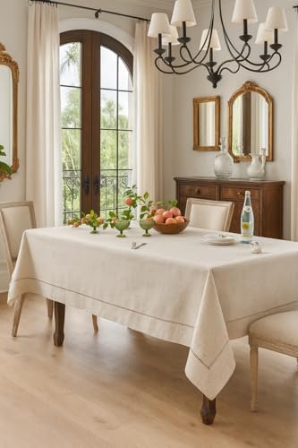 Fennco Styles Toscana Contemporary Hemstitched Linen Blend 65 x 140 Inch Table Cloth for Dinner Table, Parties, Wedding Decorations, Natural - Image 2
