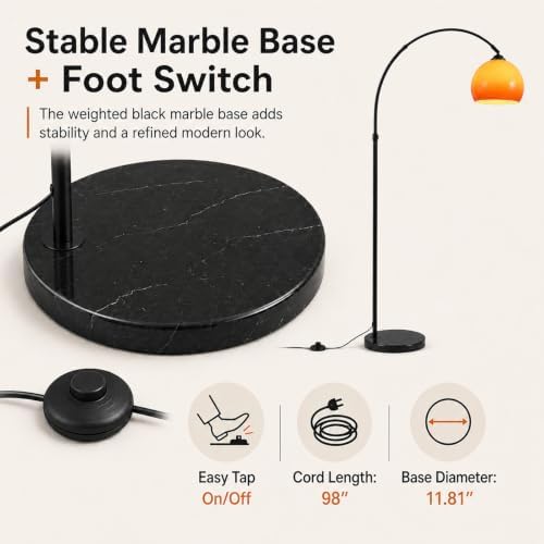 Black Arc Floor Lamp for Living Room,Orange Glass Lampshade,MCM Style - Image 6