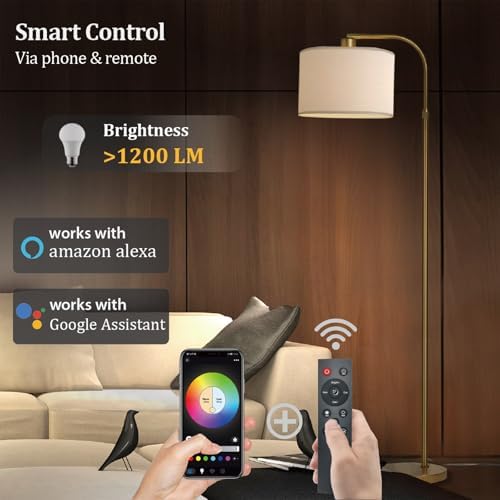 Gold Floor Lamp with Remote Control, 1200 Lumens Adjustable Height Dimmable Arc Floor Lamp for Living Room, Modern Standing Lamp for Bedroom, Office, LED Smart Bulb Included - Image 2