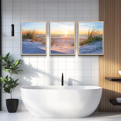 Natural Wood Framed Wall Art for Living Room and Bedroom - Large Size Sun Blue Beach Pictures - Office and Home Decor - Ocean Paintings Set of 3 Piece Framed Art Prints - Image 5