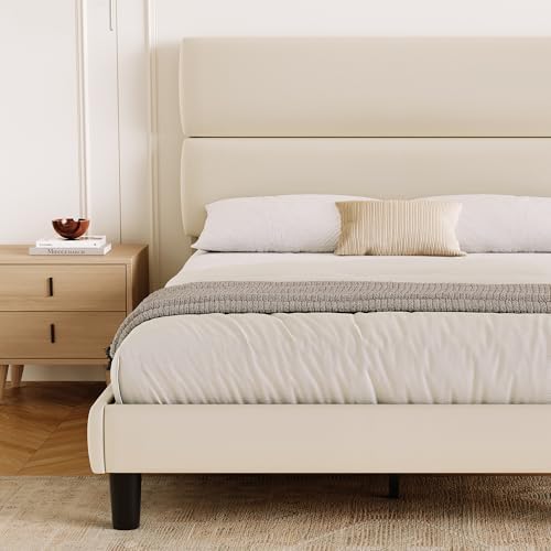 GRUSIGN King Size Platform Bed Frame with Velvet Headboard, Adjustable Height Wooden Slats Support, Upholstered Mattress Foundation, Fits Mattress or Mattress with Box Spring, Easy Assembly, Beige - Image 6