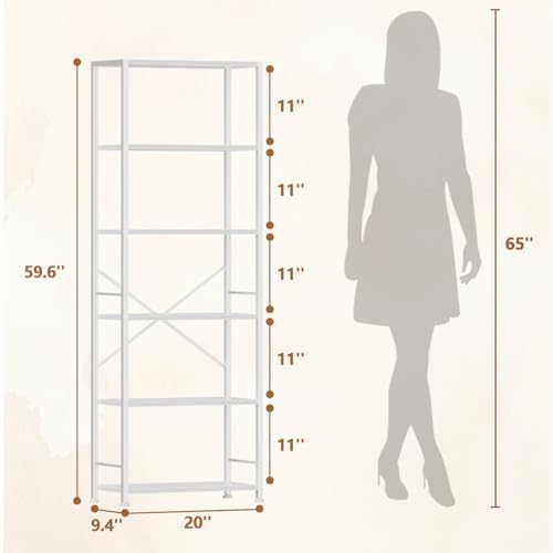 Furologee 6 Tier Bookshelf, Wide Metal Bookcase, White - Image 3