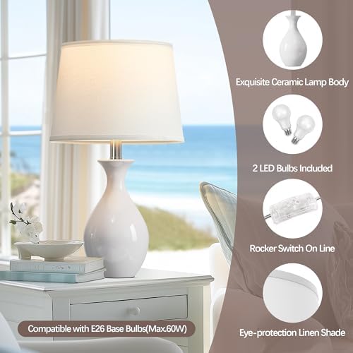 PARTPHONER Table Lamp Set of 2, Modern Ceramic Bedside Lamps for Night Stands, Classic Small Lamp Nightstand Lamp for Bedroom Living Room Desk End Table Rocker Swtich White - Image 3